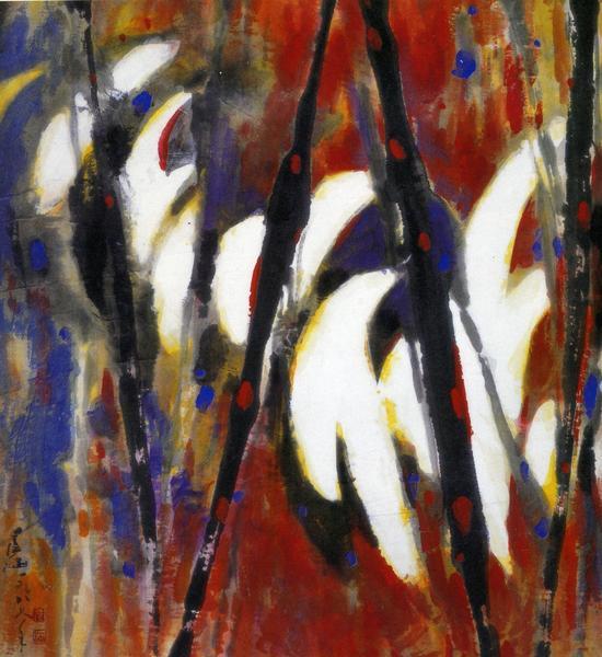 彦涵,月亮从树梢间悄悄走过,1988,纸本水墨设色,76×75中国美术馆藏