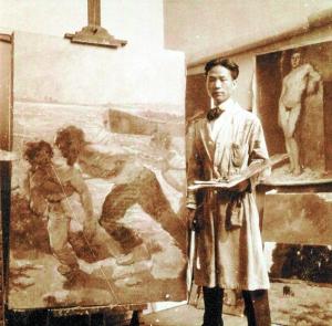 1932年至1933年间,吴作人在比利时布鲁塞尔皇家美术学院个人画室与其作品《纤夫》合影