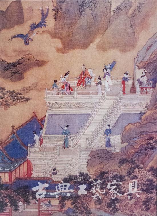 图9 原图注为:谢时臣(1488~1547年)《杜甫诗意图》,设色绢本,长22.2厘米,宽18.5厘米。译者更正为:明 仇英《人物故事图册》之《吹箫引凤图》,绢本设色,长41.4厘米,宽33