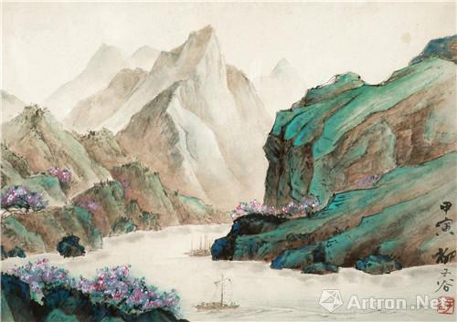 附图21、柳子谷《青绿山水》 镜框,尺幅34×23厘米(2013年山东世纪华夏19.04万元成交)