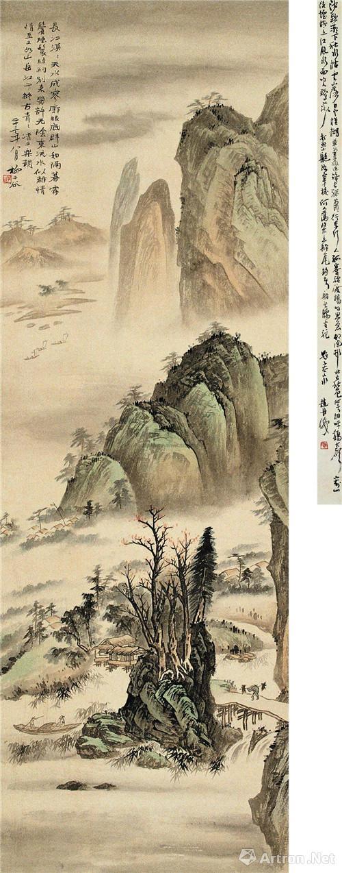 附图9、柳子谷1934年作 《江邨削岭图》 立轴 (2003年上海崇源3.3万元成交)