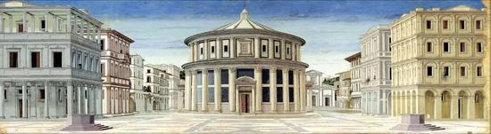 ▲ 佚名《理想城》(Città ideale),布上油画,1480-1490年,图片来源:Galleria Nazionale delle Marche