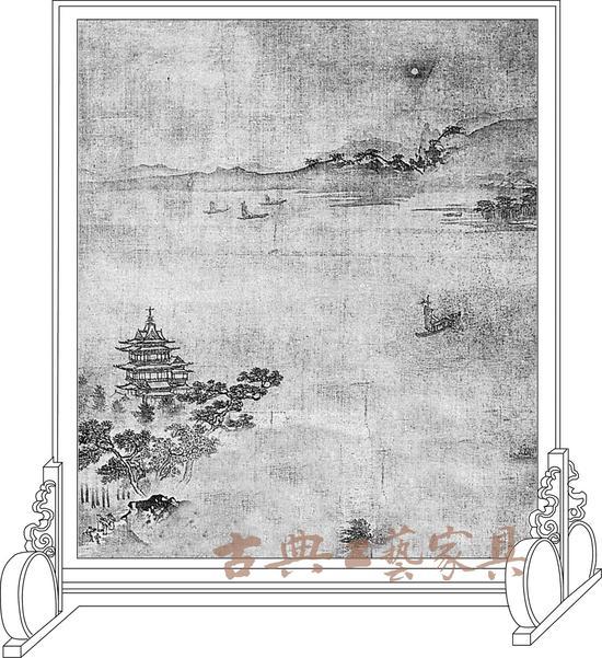 图6 宋佚名《十八学士图•作书》中的屏风线描复原图