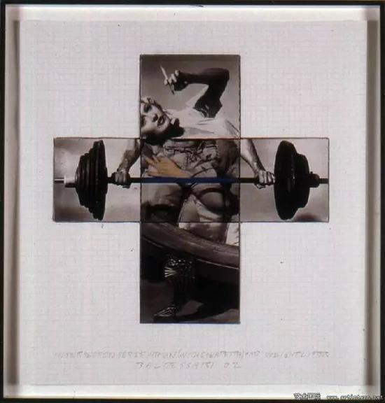 Intersection:Series Woman(With Cigarette)and Weight Lifter(Maquette),Archival digital prints with crayon and tape on graph paper,2002