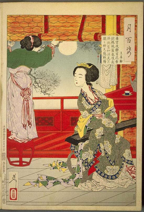 月百姿:西宫夜静百花香,欲卷珠帘春恨长。斜抱云和深见月,朦胧树色隐昭阳 - 王昌龄