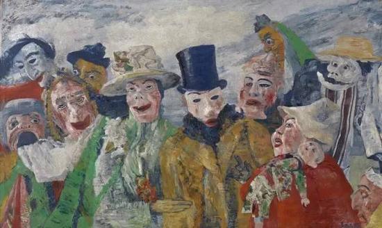 詹姆斯·恩索,《密谋》(The Intrigue,1890)。图片:Koninklijk Museum voor Schone Kunsten, Antwerp。摄影:©Royal Museum for Fine Arts Antwerp / www.lukasweb.be – Art in Flanders vzw,Hugo Maertens/©DACS 2015