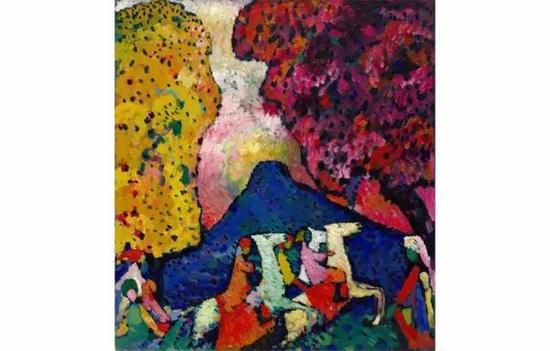 瓦西里·康定斯基,《蓝山》(Blue Mountain,1908/09)。 图片:Courtesy Fondation Beyeler