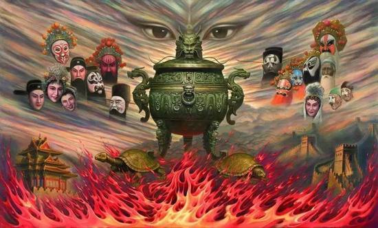 吴欢作“天眼“系列油画之《天眼下的戏曲》,2012年,145cm×245cm