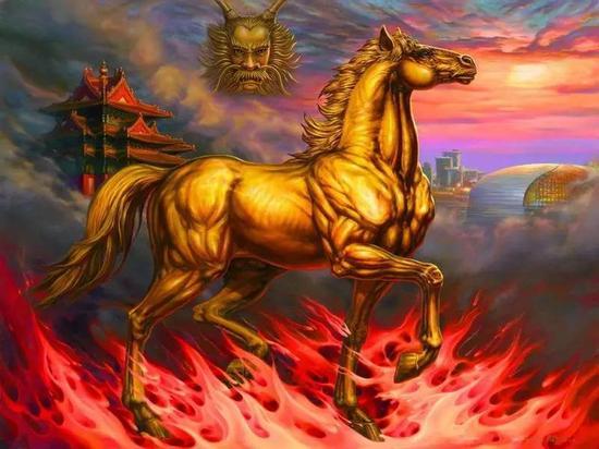 吴欢作“天眼”系列油画之《龙马精神》,2008年,120cm×160cm