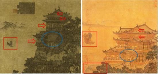 图八:左上海博物馆夏永《滕王阁图》,右仇英《临滕王阁图》
