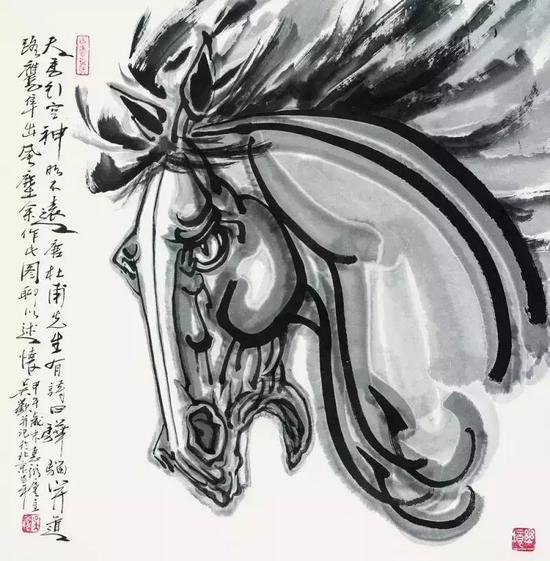 吴欢作《天马行空 神明不远》,水墨,68cm×68cm