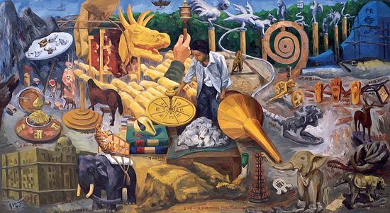 华继明《占卜者——黄永砯》布面油画 ,120×220cm ,2016年