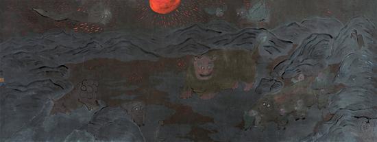 廖明明《山海经》纸本水墨设色, 70×180cm,2015年