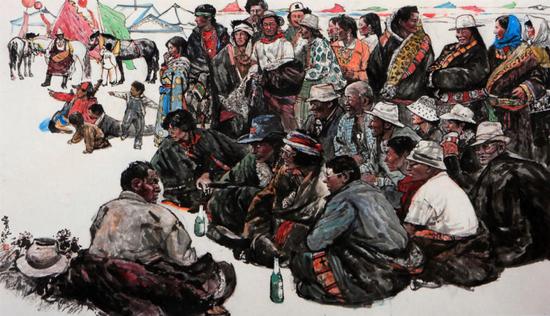 《赛马会》窦红 国画作品 145*366cm