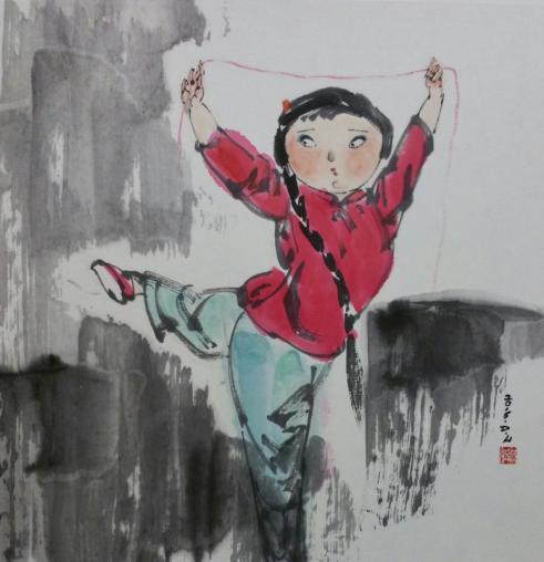 《喜儿》窦红 国画作品 34x34cm