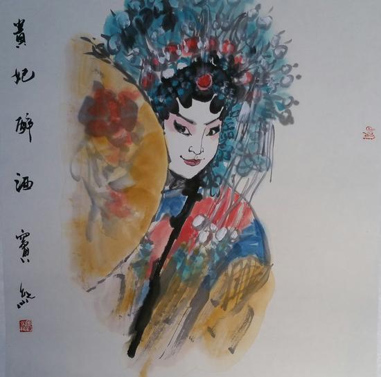 《贵妃醉酒》窦红 国画作品 68x68 cm