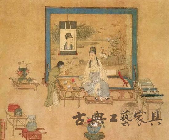 仇英 《临宋人画轴》展示了一个并不奢华却意境别致的明代文人书房。这样的意境,正是文震亨所追求的。