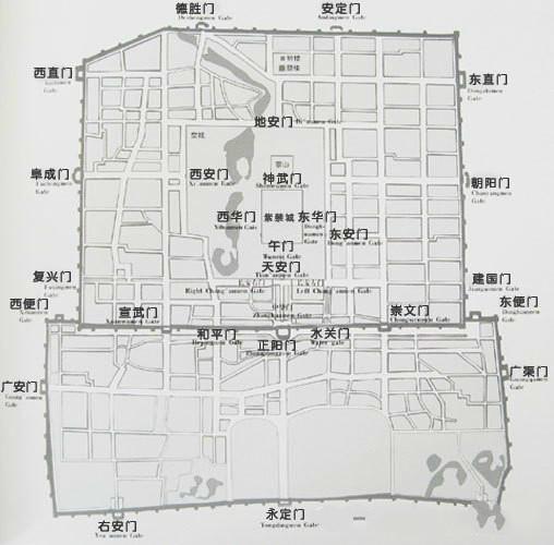 内九门图,其中建国门、和平门、复兴门、水关门为晚清民国在城墙上掏出的“洞”,并非真正意义上的城门