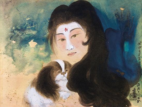 张大千 佳人番犬图 设色金笺 镜片 45×60cm (约2.4平尺)