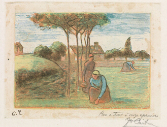图为卡米耶•毕沙罗彩色铜版画《Les Baigneusesgardeusesd‘oies》,估价30,000-50,000美元(约合人民币202,944-338,240元),图片由美国纽约斯旺画廊提供