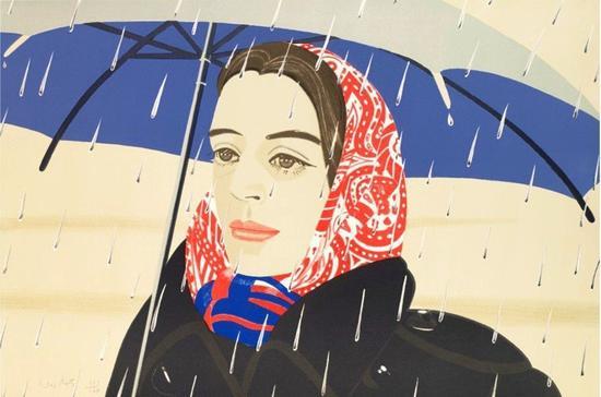 亚历克斯·卡茨画笔下的妻子阿达(Ada),《蓝雨伞》(Blue Umbrella ,1979)