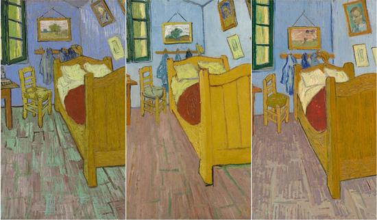 三个版本的梵·高名作《卧室》。图片:Courtesy of Van Gogh Museum in Amsterdam, Art Institute Chicago and Musée d‘Orsay