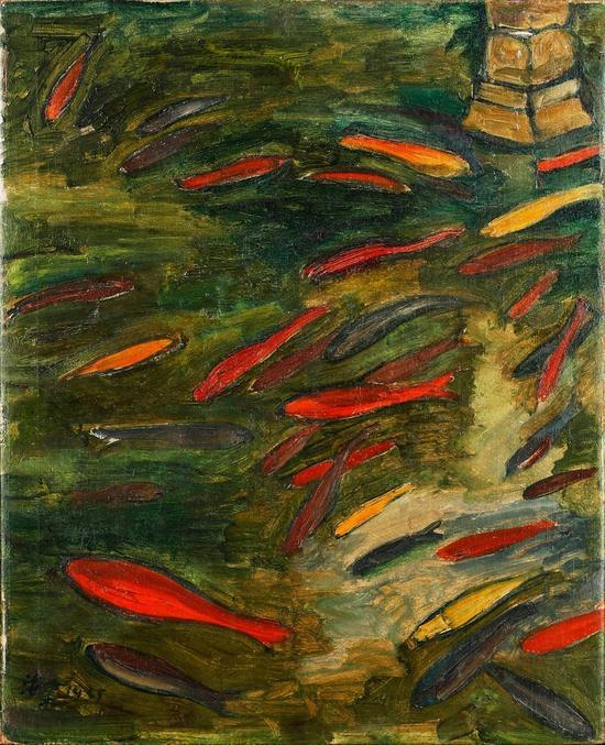 2016西泠秋拍刘海粟玉泉观鱼布面油画 1935年作签名:海粟 1935 54x44cm