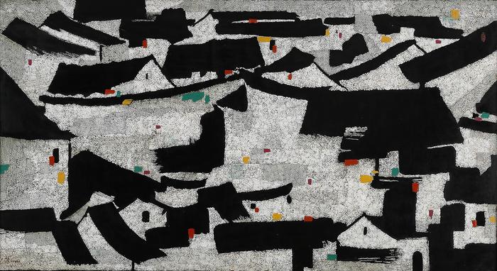 2016西泠秋拍吴冠中(1919-2010)屋宇木板漆画 2007年作签名:荼二〇〇七钤印:大漆园(朱)97x179cm