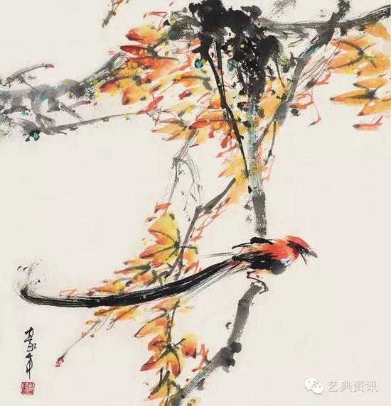 lot6307 欧豪年 枝头绶带 69×64cm 设色纸本 镜心 艺典拍卖