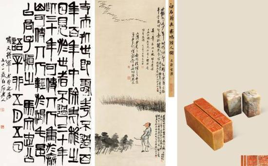 齐白石“三绝合璧”:《篆书丈夫处世散语中堂》《拨弦猎雁图》《致胡洪开印》二组四方,成交价:5175万元