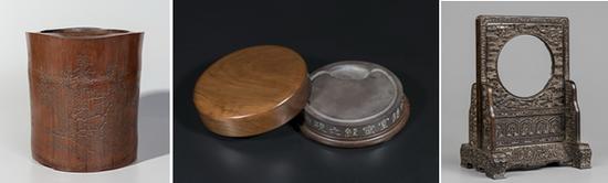 1:清代 “芝道人”款竹雕竹石图笔筒 H17cm 2:清代 八卦镜纹小端砚 D8.6cm;H1.6cm 3:清代 紫檀雕玉壁座屏 H26cm;L17cm: