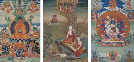 1:18世纪 释迦牟尼佛唐卡 86×66cm 2:18世纪 二圣六庄严唐卡之一 噶玛噶智画派 60×43cm 3:18世纪 金刚唐卡(佛陀勇士噶不拉段) 59×41cm