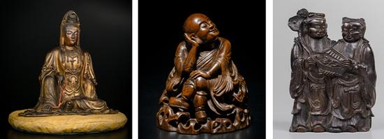 1:明代 金漆木胎自在观音 H35cm 2:清早期 竹雕思维罗汉 H14cm 3:清代 沉香雕和合二仙 H13cm