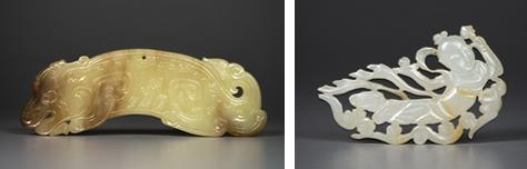 1:明末清初 黄玉虎形佩 L14.5cm 2:清代 白玉飞天 L6.5cm