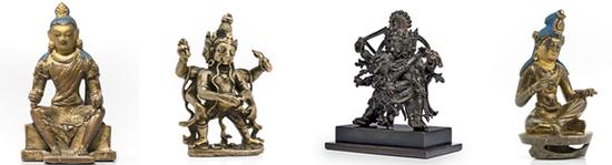 1:9世纪 铜合金弥勒菩萨 尼泊尔 高:10.5cm 2:12世纪 铜合金大轮金刚手 西藏或克什米尔 高8.5cm 3:14世纪 铜合金苯教双修护法-意忿怒明王与明妃 藏中 高9.3cm 4:唐代 铜鎏金局部冷金彩绘观音 高:8cm