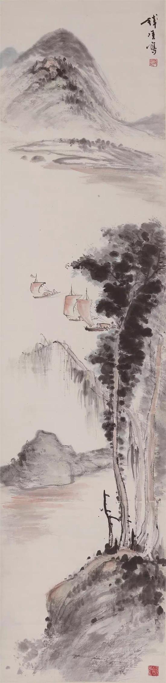 钱瘦铁(1897-1967) 山水 设色纸本 立轴 139*34cm 约4.3平尺 款识:钱厓写 钤印:瘦铁(朱)