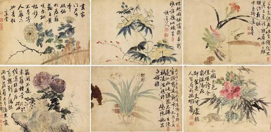 李鱓(1686-1756) 花卉册页六开 设色纸本 册页 39*55cm*6 每幅约1.9 平尺