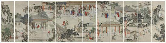 冷枚(1669-1742) 帅府内外(十二通景屏) 设色纸本 条屏 170*48cm*12 每幅约7.3 平尺