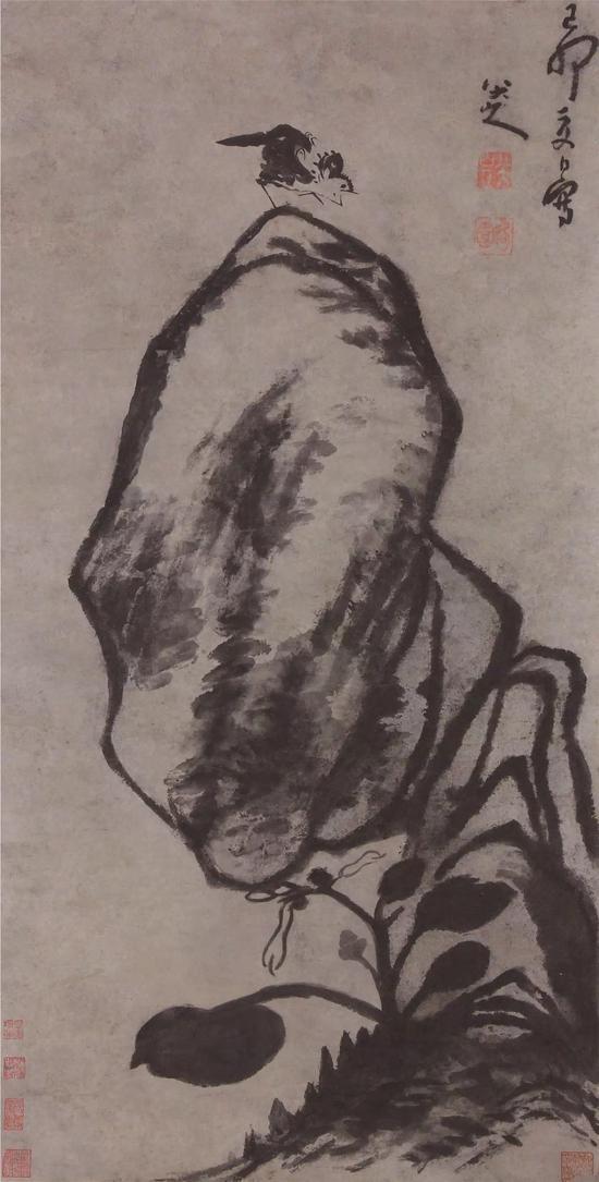 八大山人(1626-1705) 巨石鸣鸟图 设色纸本 立轴 110*55cm 约5.4平尺