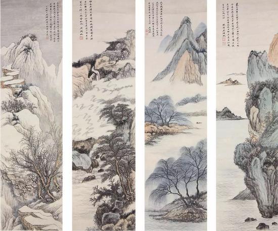 吴湖帆(1894-1968) 山水四条屏 设色纸本 条屏 118*33cm*4 每幅约3.5 平尺