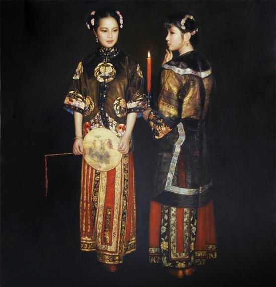 陈逸飞《西厢待月》布面油画1994年作 尺寸:180×170cm