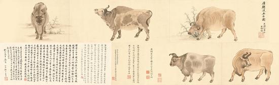 2016西泠秋拍 吴湖帆 摹韩滉五牛图卷 画心:217.5×22.5cm 題跋:61×22.5cm