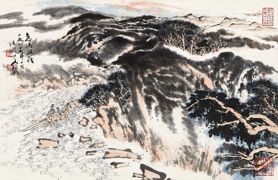 Lot 073 急流放筏 陆俨少 设色纸本纸本 29×45cm 估价:200,000 - 400,000 RMB