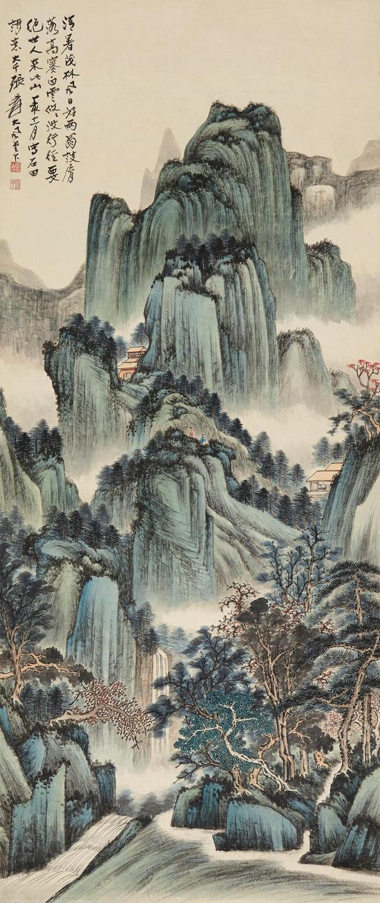 Lot 663 青绿山水 张大千 设色纸本 130×55cm 估价:400,000 - 600,000 RMB