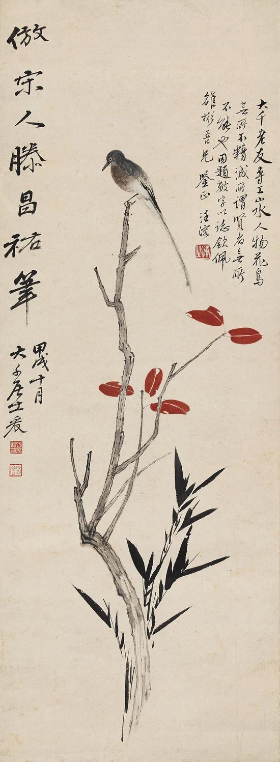 Lot 662 红叶小鸟 张大千 设色纸本 89×32.7cm 估价:200,000 - 400,000 RMB