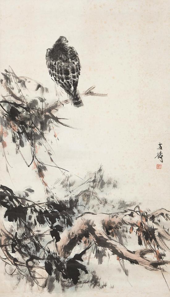 Lot 598 松鹰图 王雪涛 设色纸本 142.5×80cm 估价:600,000 - 800,000 RMB