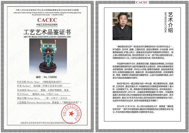 中华人民共和国政府批准从事艺术品交易的专业机构——中国艺交所为作品出具了《工艺艺术品鉴证书》,建立国家艺术档案