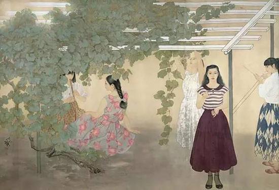 何家英先生的《酸葡萄》在首届工笔画大展中获得金叉奖,该件作品至今仍为人物画领域的后来者所顶礼膜 拜。图为:酸葡萄 175×245 厘米 绢本设色 何家英 1988年