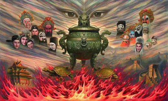 吴欢2012年作“天眼“系列油画之《天眼下的戏曲》,145×245cm