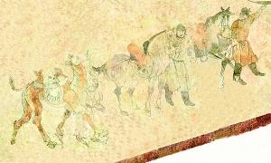 图1、唐安国相王孺人唐氏墓墓道东壁驼马出行壁画 时间:706年 尺寸:长4.64米、高2.52米